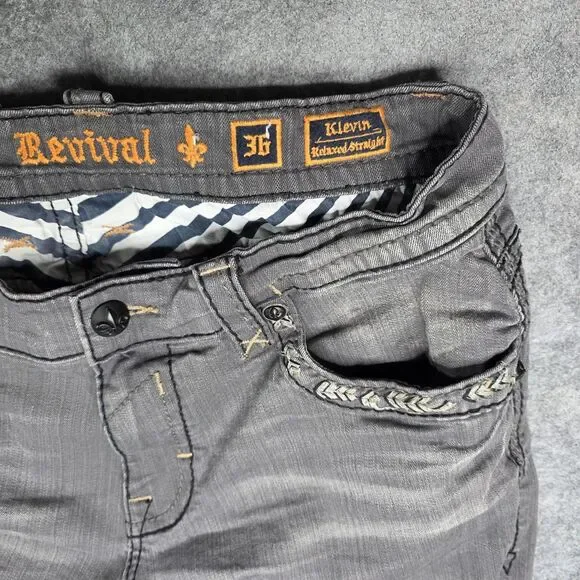 Rock Revival Kleven Relaxed‎ Straight Denim Jeans Mens 36 x 28 Gray